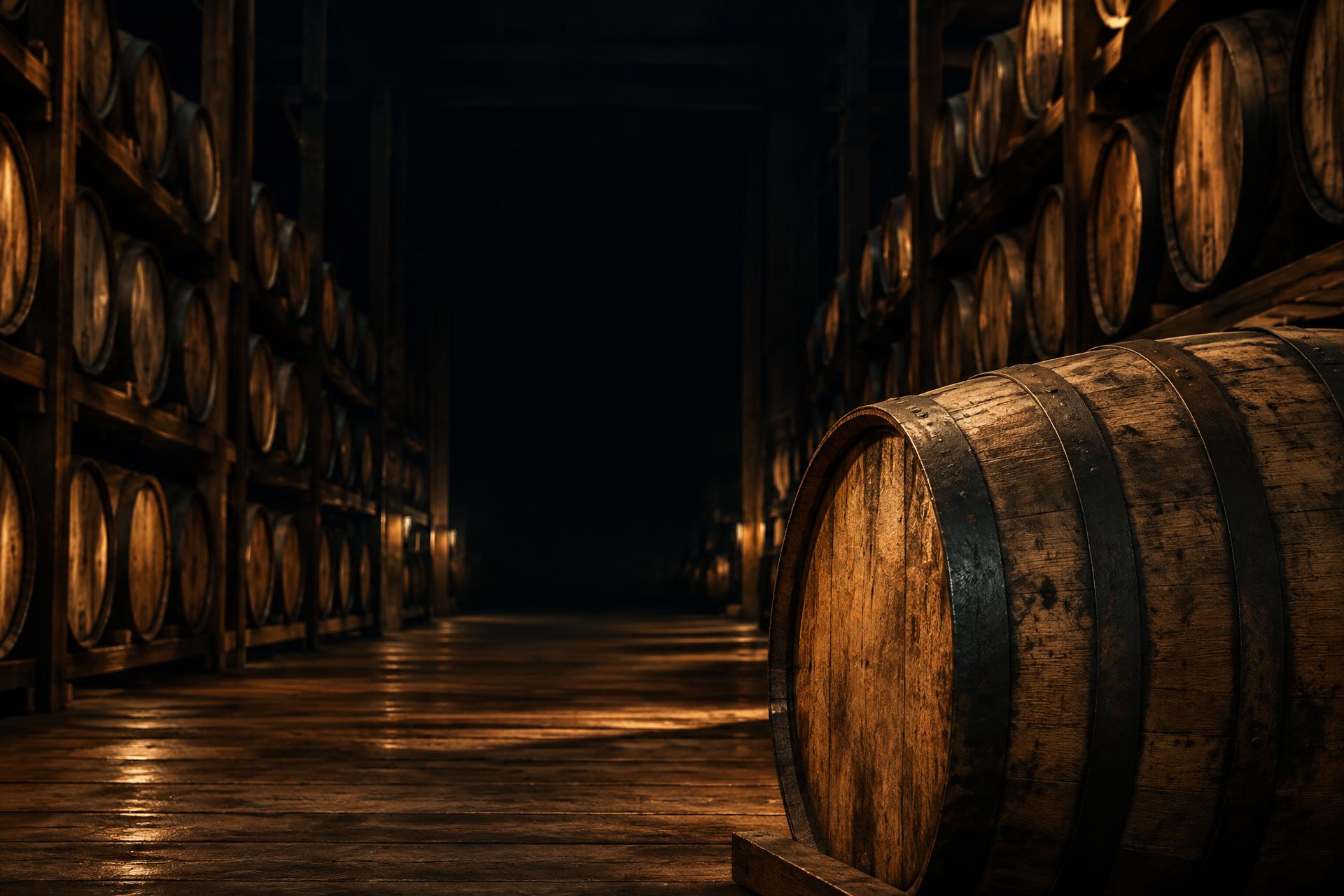 A single oak bourbon barrel in a warmly lit warehouse